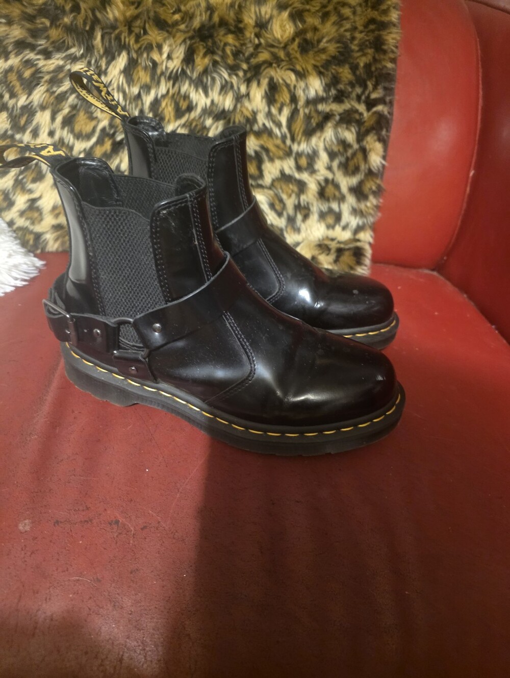 Dr. Martens Black Leather Chelsea Harness Booties with Yellow Stitching
